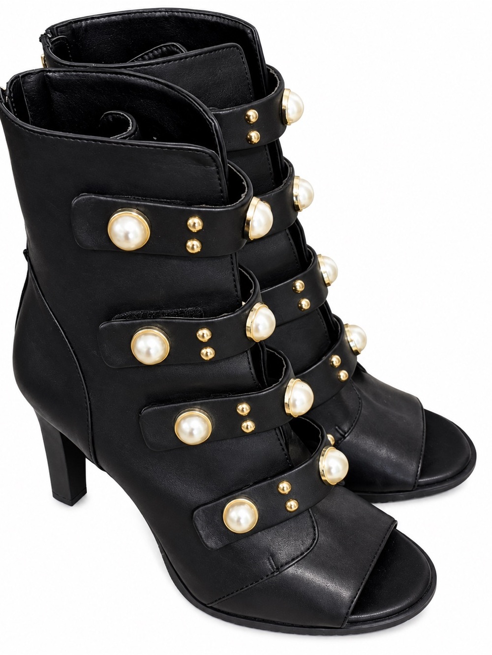 Karl Lagerfeld Black Pearl-Embellished Open-Toe Ankle Boots